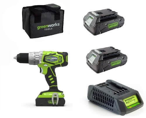 מקדחה/מברגה 24V רוטטת 13 מ"מ+שתי סוללות 2.0Ah+מטען+תיק נשיאה greenworks